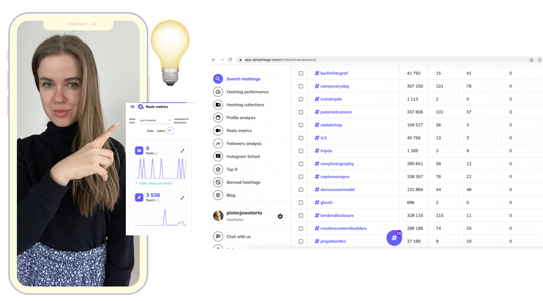 blonde girl showing iq hashtags hashtag research process to find hashtags for instagram profile, Kasia Pilch on iq hashtags